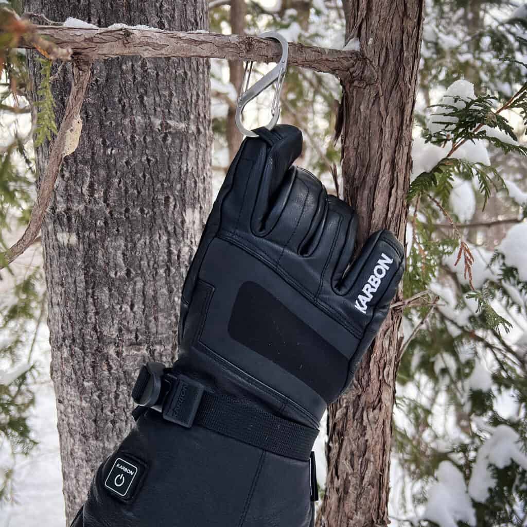Karbon Heated Gloves with a Carabiner Hook on Fingertip
