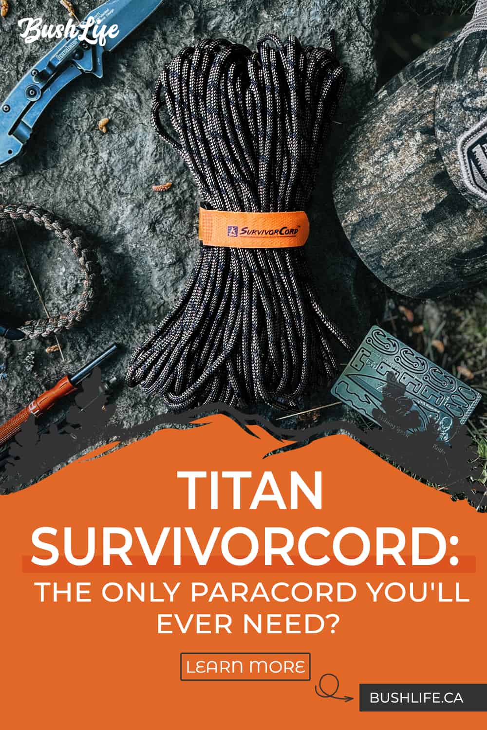 TITAN SurvivorCord w/ Integrated Fishing Line, Fire-Starter, and Snare Wire