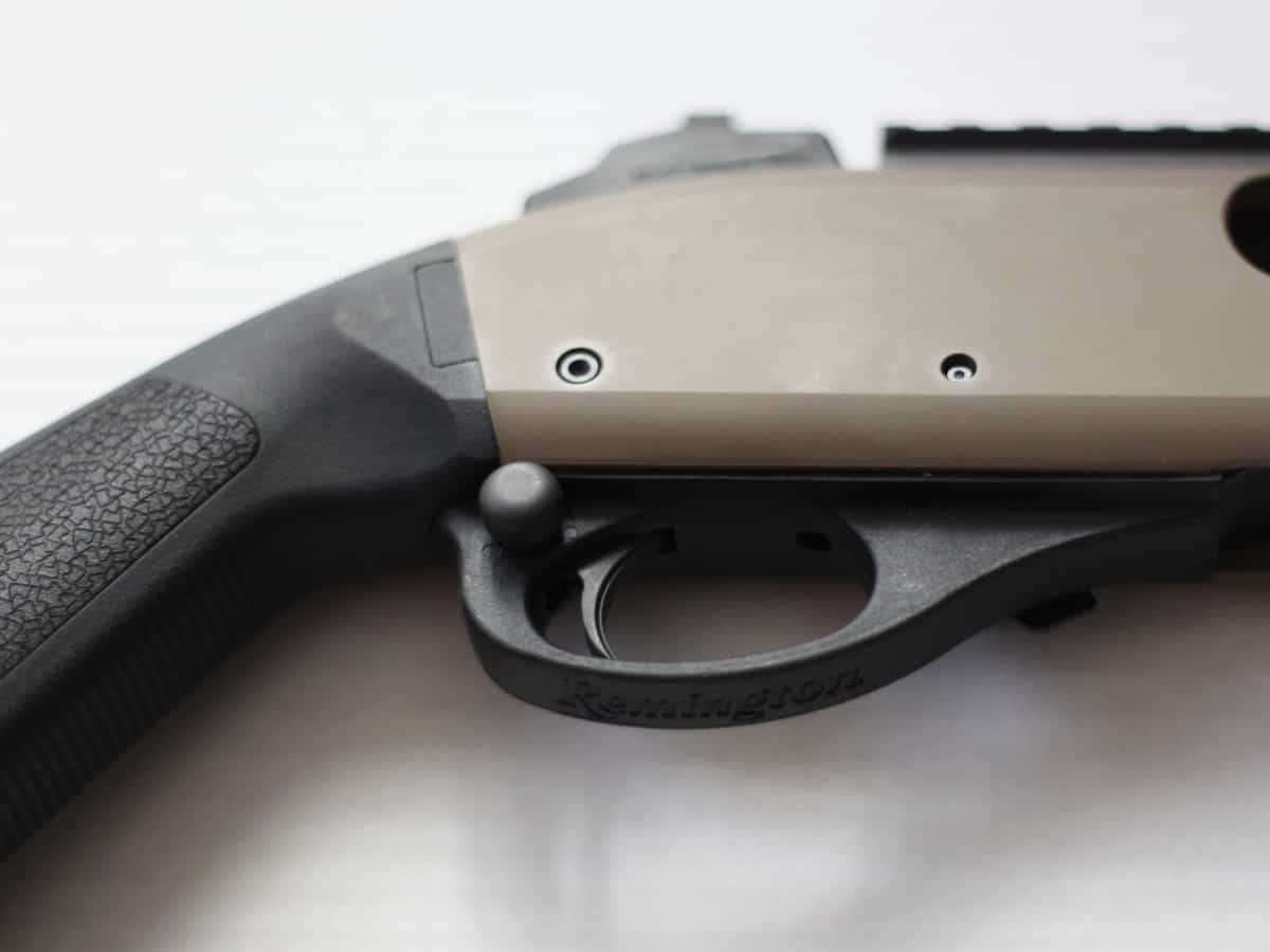 Detailed view of the S&J Hardware Jumbo Safety on the Remington 870 firearm.