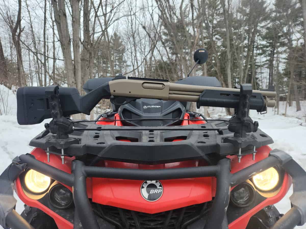 S&J's upgraded Remington 870 resting in an ATV gun rack