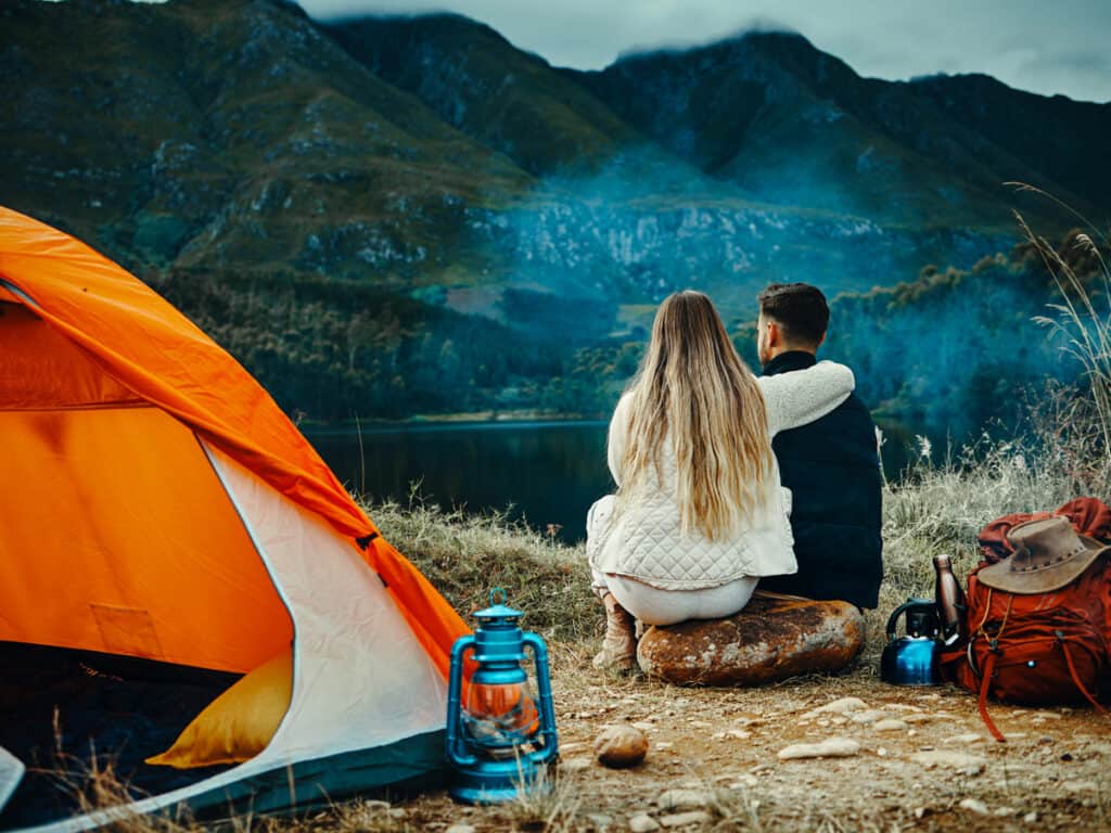Tent camping with a mountain view