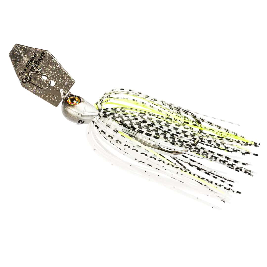 A detailed view of the 2024 ZMan ChatterBait Elite in Glitter Bomb, a spring fishing lure designed for effective bass fishing.