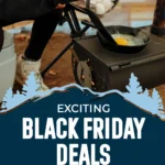 Cooking eggs while hot tent camping Pinterest pin with a text overlay titled: Exciting Black Friday Deals for the Best Outdoor Gear