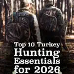 two turkey hunters walking through the forest hunting for turkeys in the spring