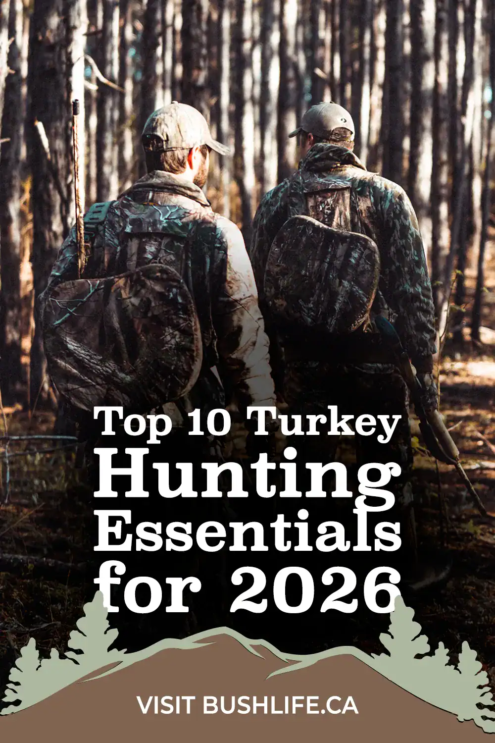 two turkey hunters walking through the forest hunting for turkeys in the spring