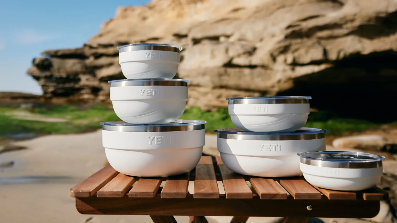 White Yeti Rambler Bowls stacked with lids
