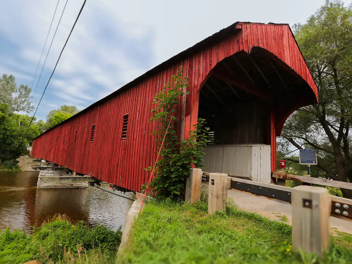 Side view of the West Montrose Covered Bridge in Ontario