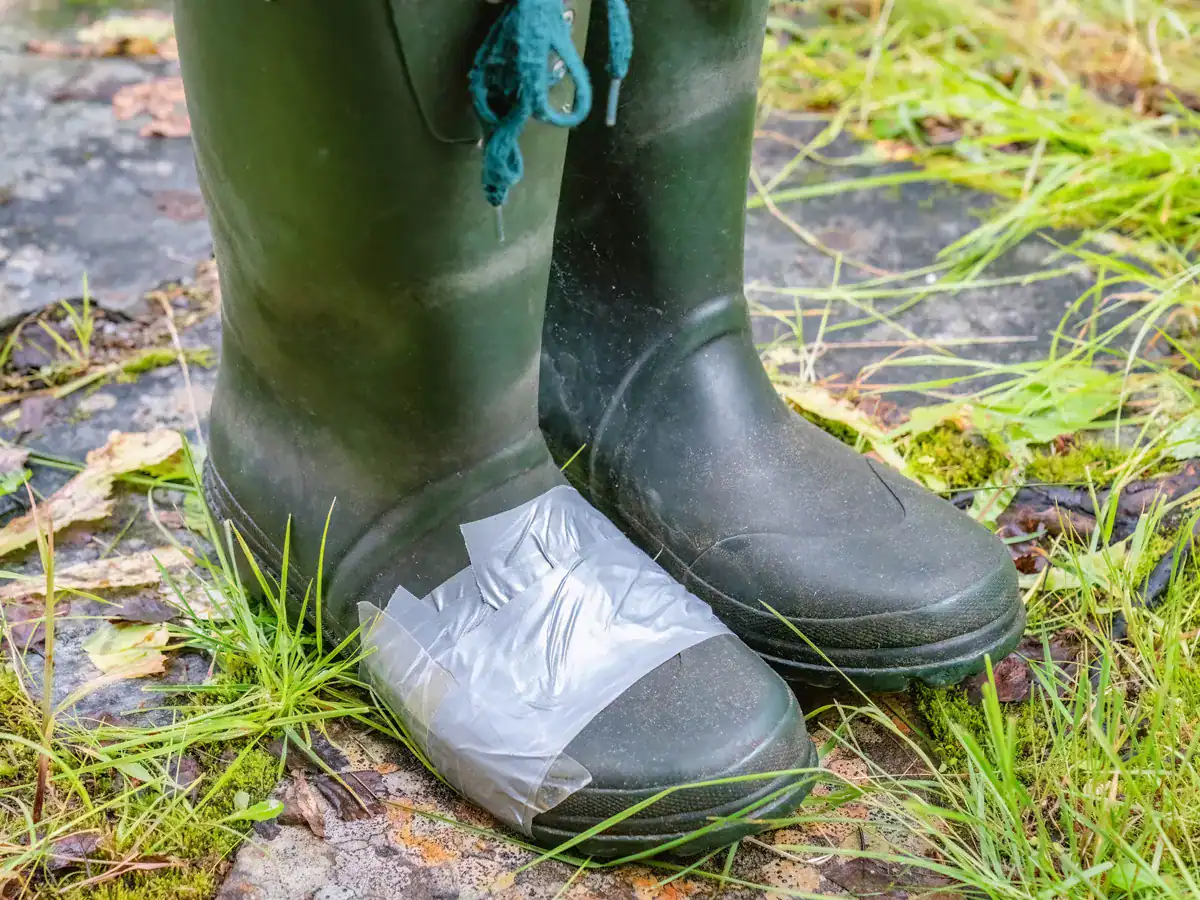 duct taped repaired rain boot