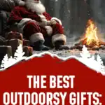 with snow falling, santa sits by a campfire surrounded by presents