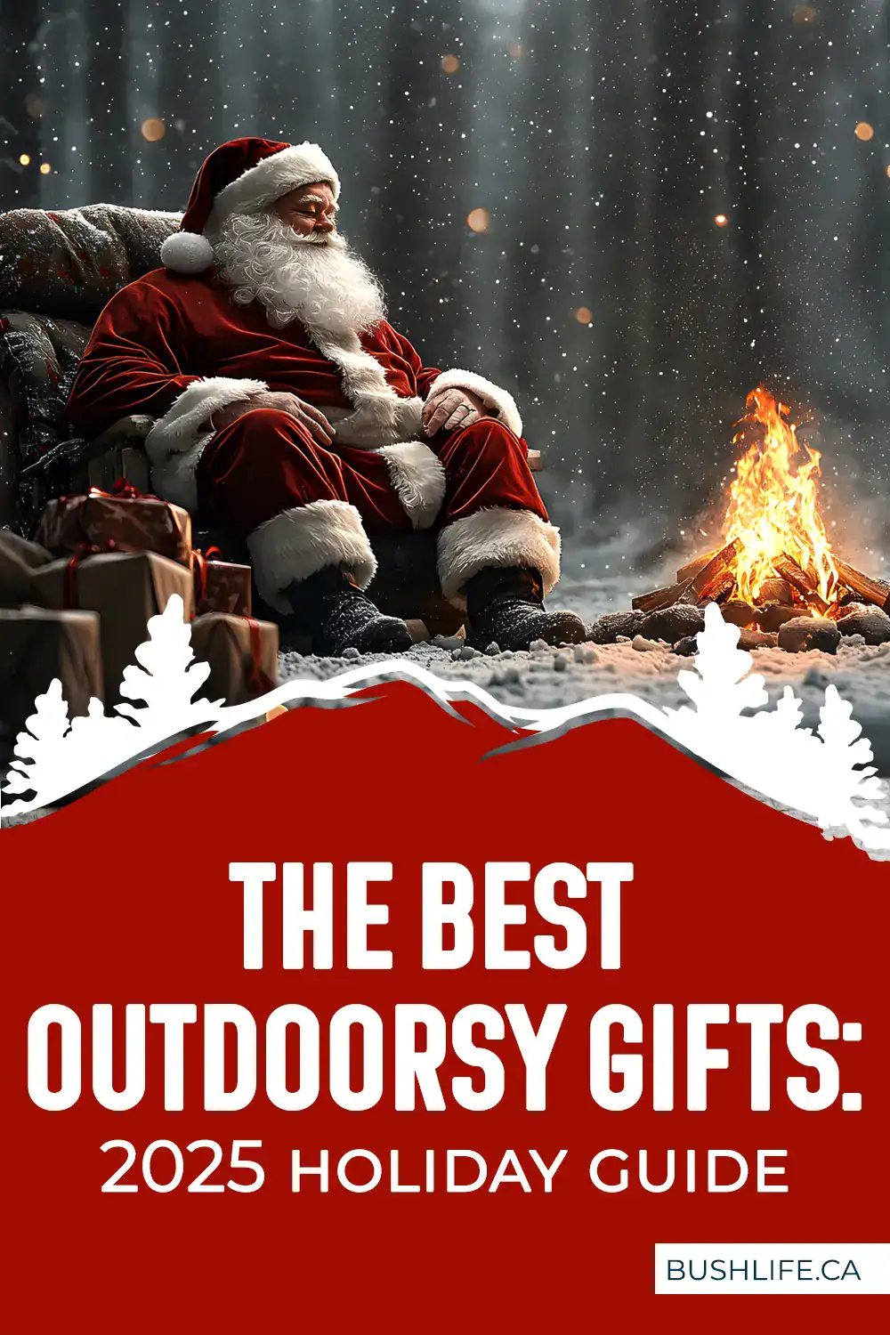 with snow falling, santa sits by a campfire surrounded by presents pinterest pin