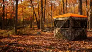 TideWe FlipGuard 270 hunting blind in woodland setting, 270° see-through windows, waterproof fabric, portable ground blind for deer and turkey hunting