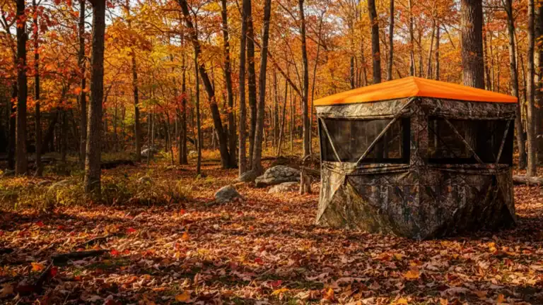 TideWe FlipGuard 270 hunting blind in woodland setting, 270° see-through windows, waterproof fabric, portable ground blind for deer and turkey hunting