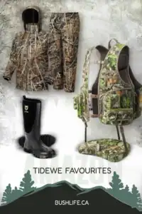 hunting boots, camoflauged rain suit and turkey hunting vest TideWe found Amazon