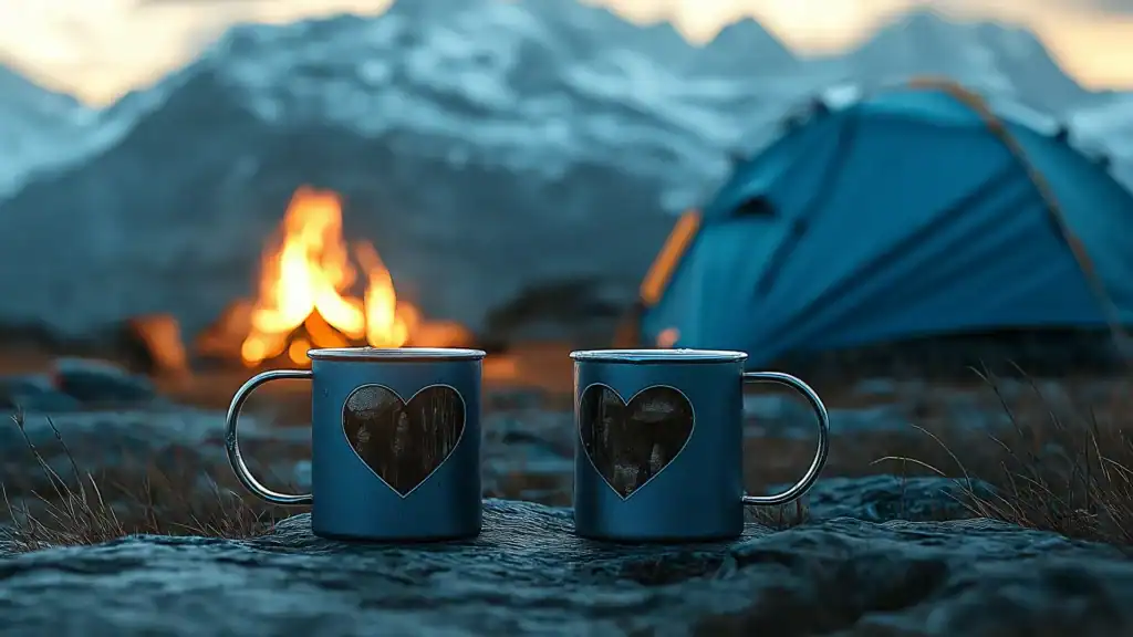 camping by the fire in the mountains on Valentine's Day with two heart engraved stainless steel mugs