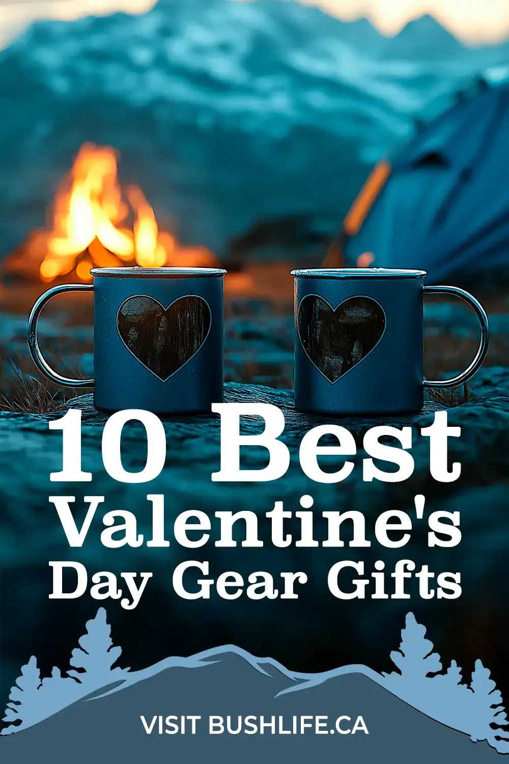 two heart engraved mugs beside a campfire at a campsite on Valentine's Day