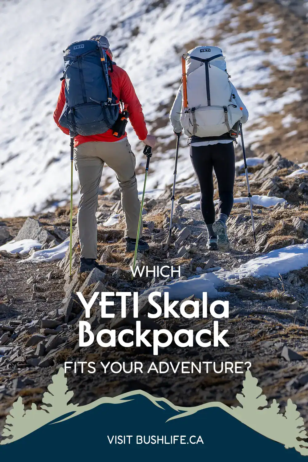 Two hikers trekking a mountain side carrying the 60L YETI Skala hiking packs