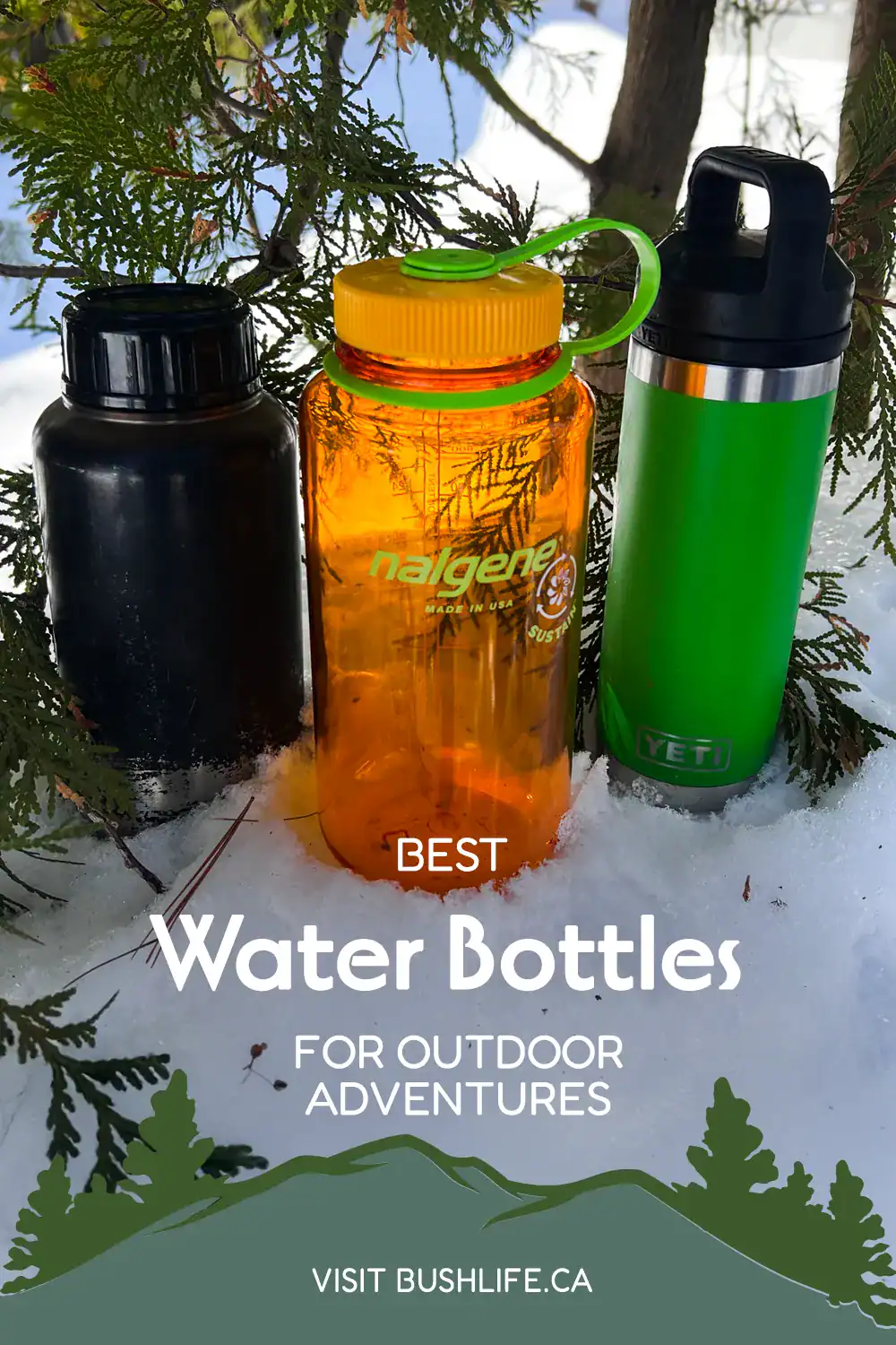 Best Water Bottles for Hiking & Camping: How to Choose (+ Our Tested Picks) 6 single-wall water bottle, nalgene plastic water bottle, Yeti double-wall stainless steel water bottle in the snow
