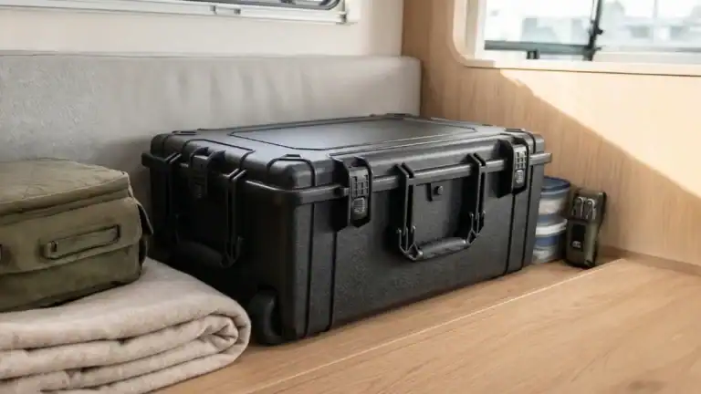 Jase Bunker in a Box sitting on a shelf in a camper van