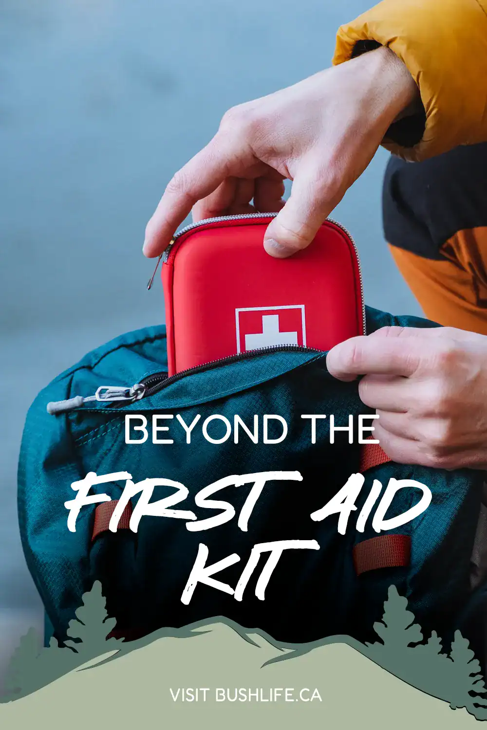 a hiker pulling out a basic first aid kit from his backpack pinterest pin