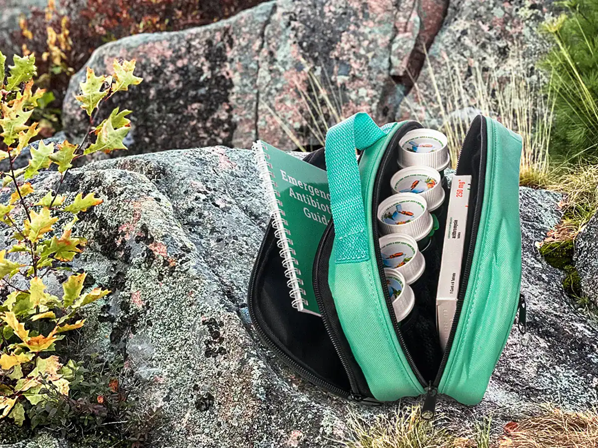 JaseCase antibiotic kit sitting opened on a boulder in the outdoors