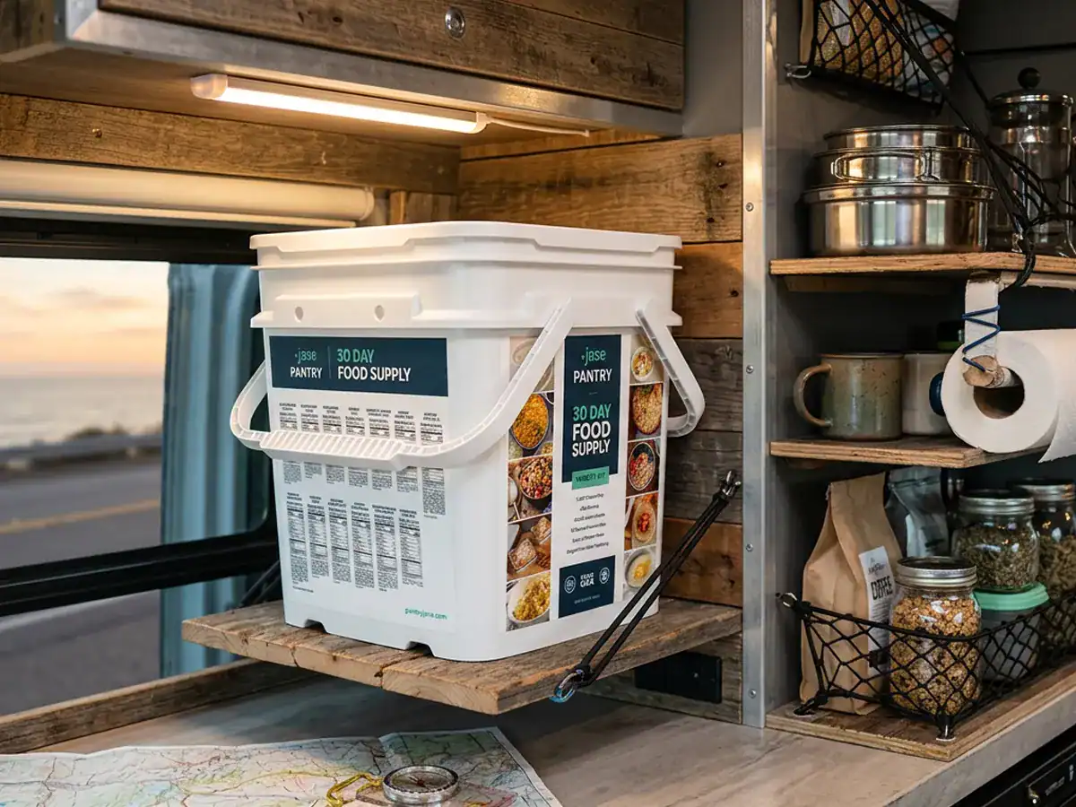 JasePantry meal kit sitting a shelf in a van