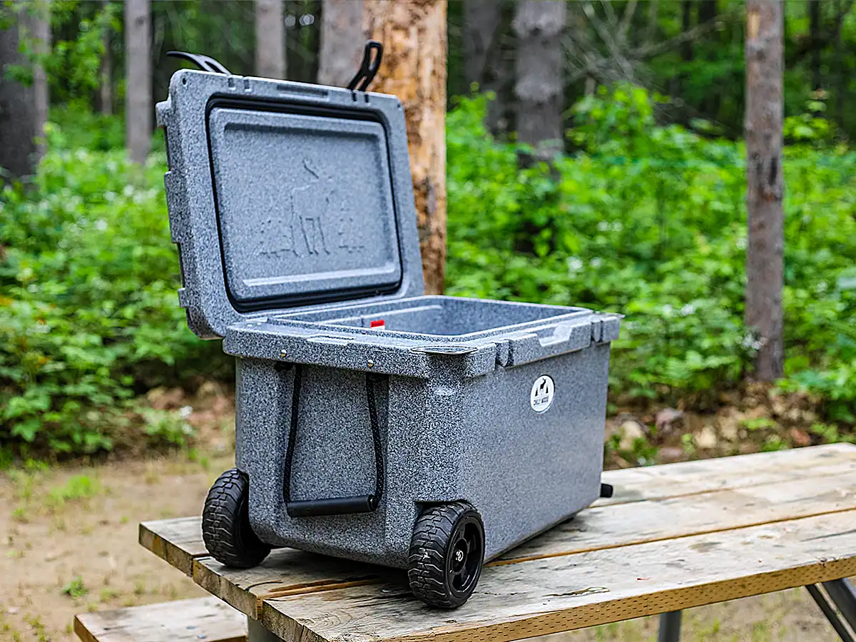 Chilly Moose Coolers Review: Bowen vs Harbour Bucket vs Explorer (Tested) 20 side and front profile in the 55L rolling Chilly Moose Explorer Cooler in moonstone