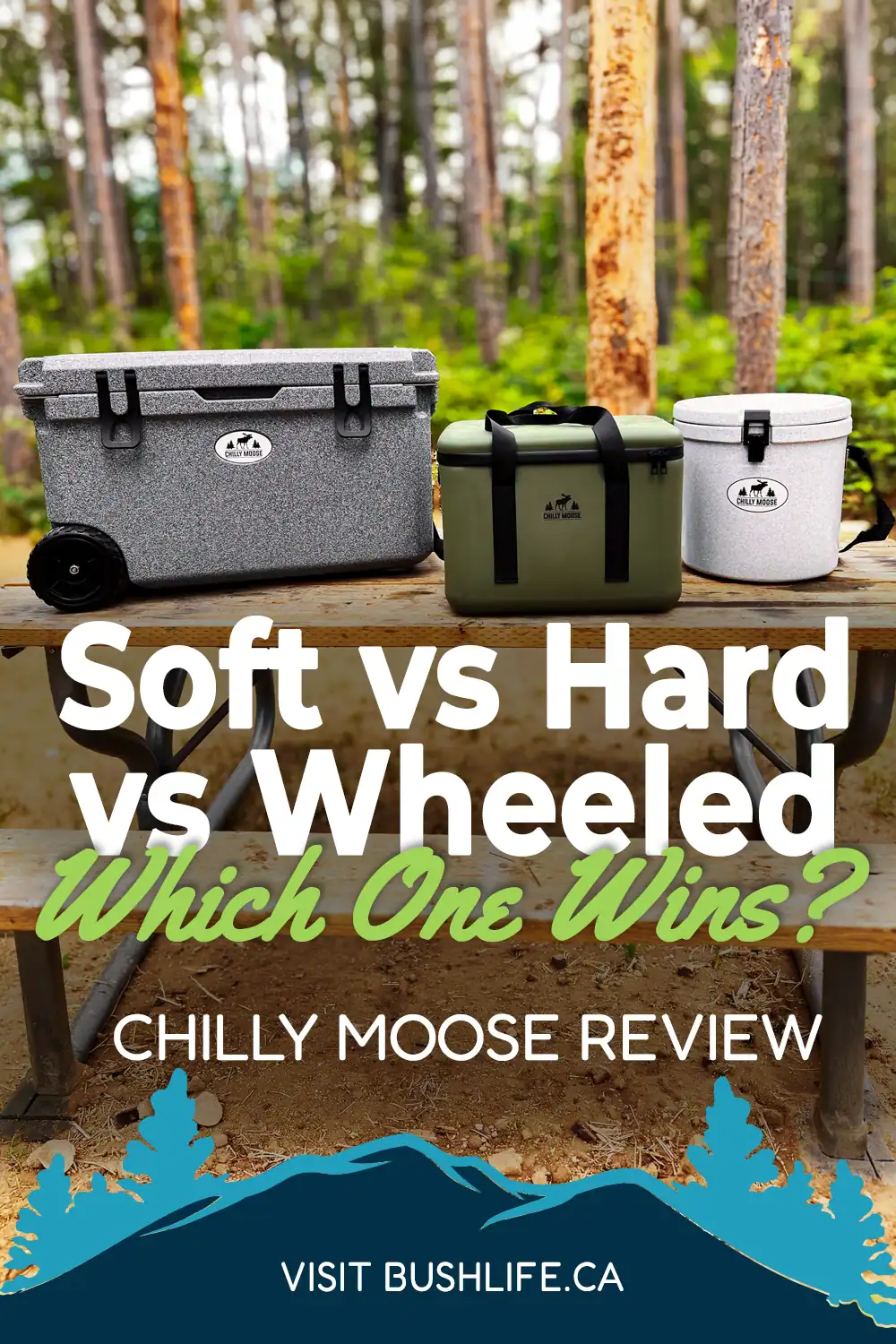 Chilly Moose Coolers Review: Bowen vs Harbour Bucket vs Explorer (Tested) 26 Chilly Moose 16L Bowen, 12L Harbour Bucket, and 55L Wheeled Explorer Cooler sitting on picnic table pinterest pin