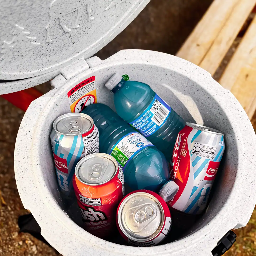 Chilly Moose Coolers Review: Bowen vs Harbour Bucket vs Explorer (Tested) 11 Chilly Moose 12L Harbour Bucket Cooler filled with ice, water bottles and pop