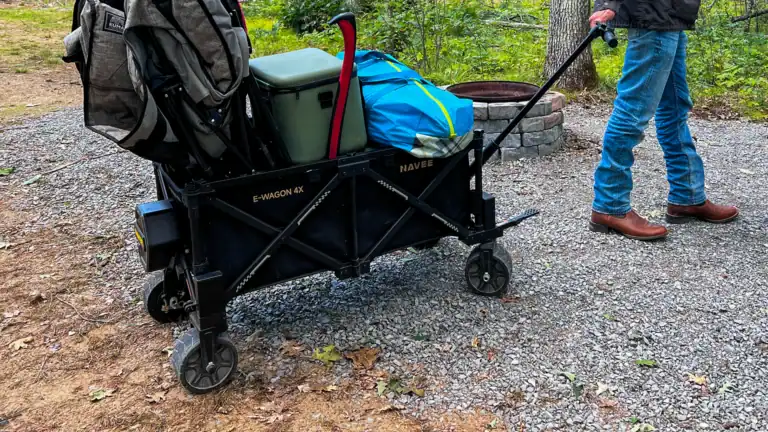 NAVEE E-Wagon 4X Electric Utility Cart Review: 80km All-Terrain Test 2 Navee E-Wagon 4X filled with camping gear is being towed to a campsite