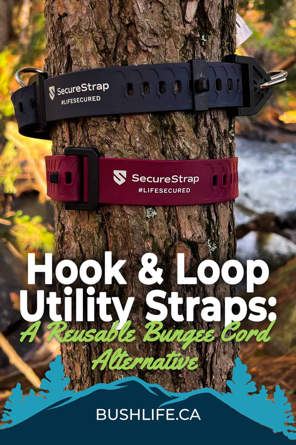 Hook & Loop Utility Straps: A Reusable Bungee Cord Alternative for the Outdoors 15 Big Star Lights Hook & Loop Secure Straps wrapped around a tree pinterest pin