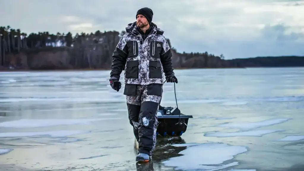 man going ice fishing wearing piscifun's ice fishing suit