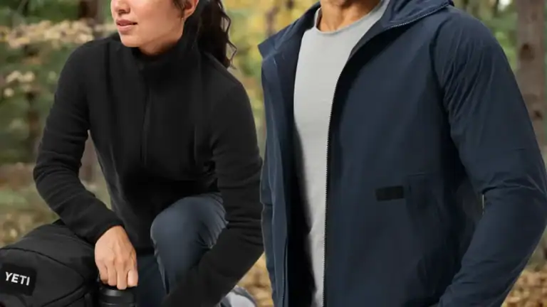 YETI Performance Apparel: Jackets, Fleece & Merino Compared 13 Newest YETI Performance Apparel line: woman wearing the Sansaba fleece in black, man wearing the Tilloo Rain Jacket in dusk blue
