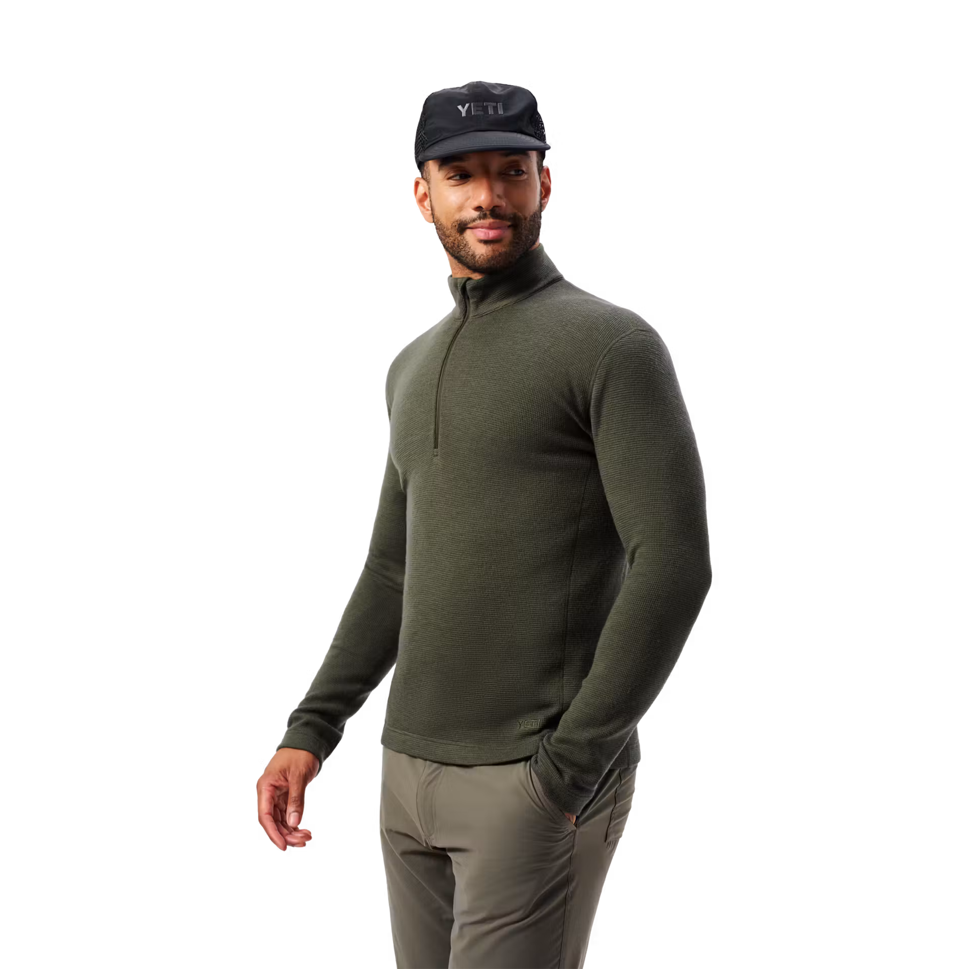 YETI Performance Apparel: Jackets, Fleece & Merino Compared 5 man wearing YETI's newest in performance apparel: Caplock Merino in deep green
